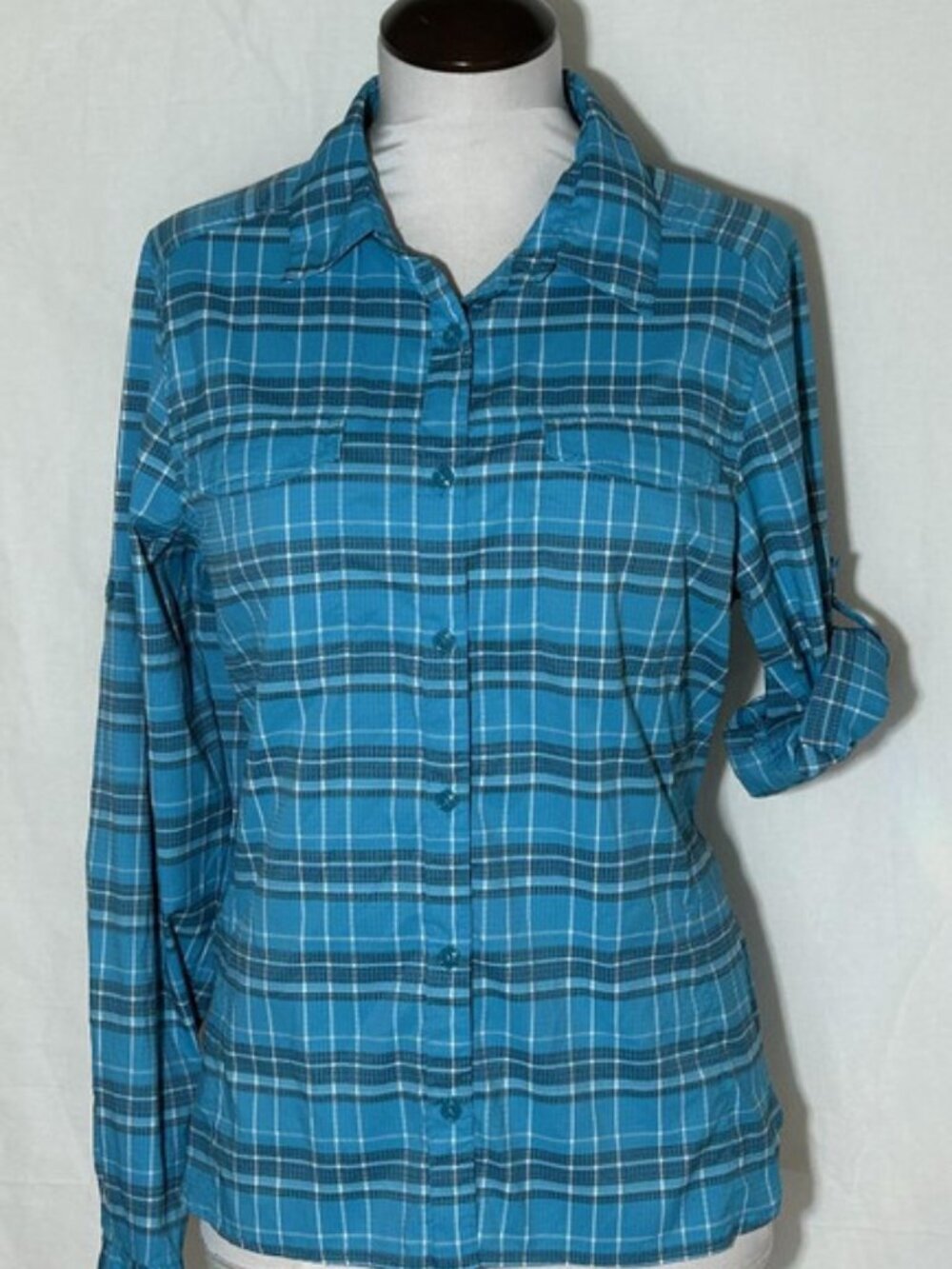 Columbia Omni-Shade Teal Blue Plaid Sporty Tab Sleeves Blouse Shirt Top sz Large